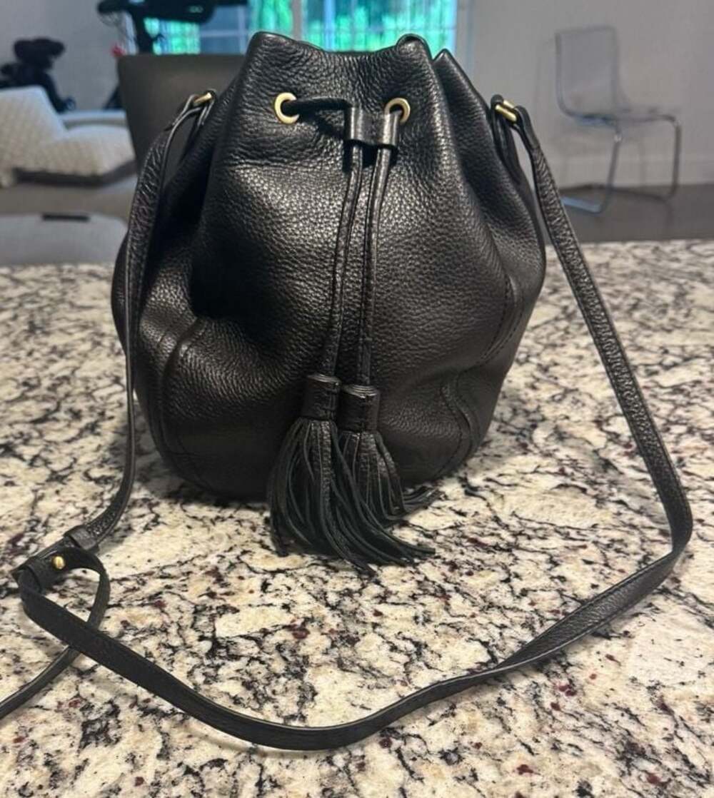 J.Crew Black Pebbled Leather Tassel Bucket Crossbody Shoulder Bag